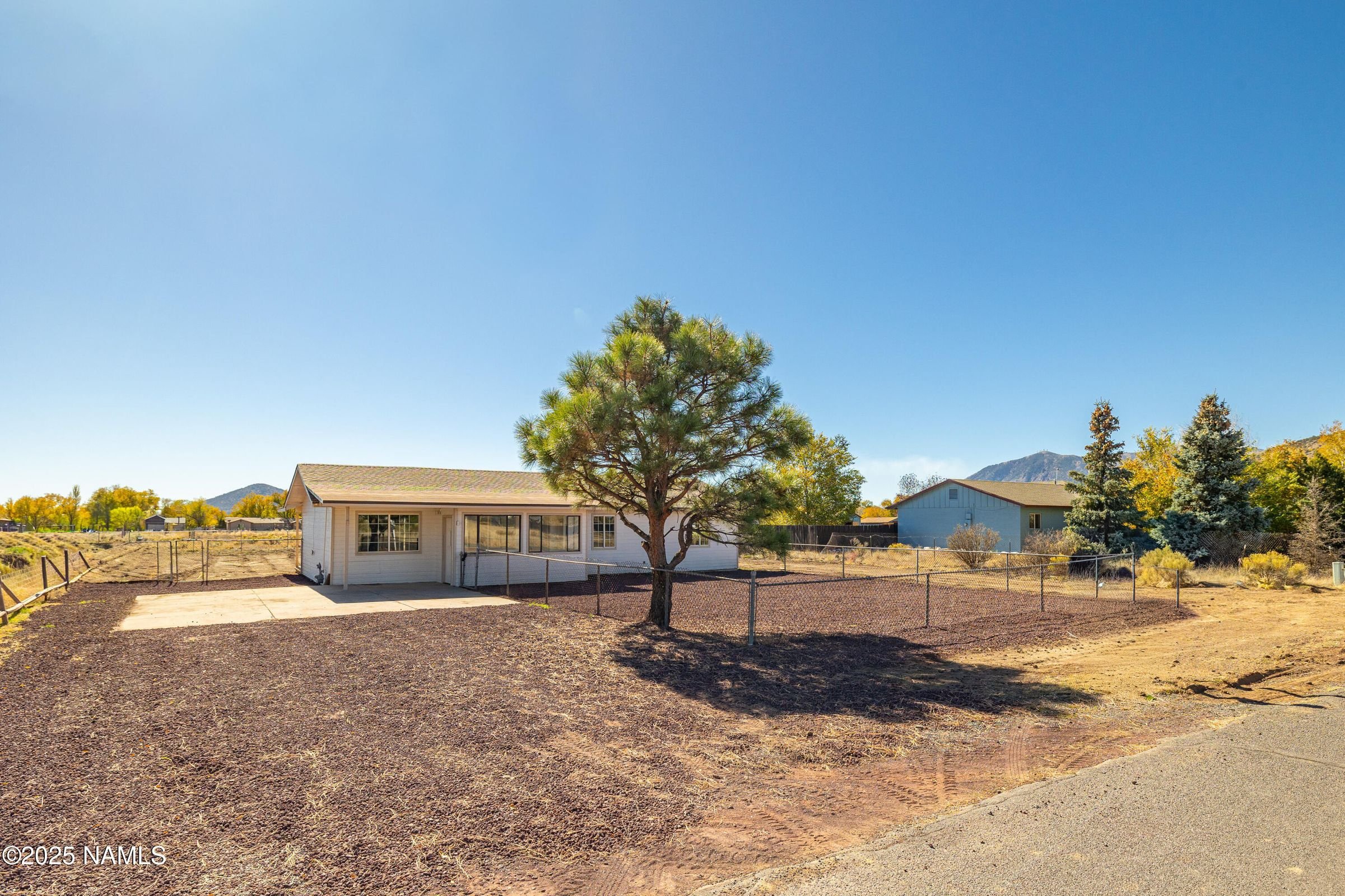 Out front o f a white house with a chain link and 1 pine tree